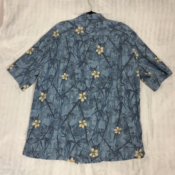 Caribbean Joe Silk Hawaiian Shirt Mens XXL Blue Bamboo Pattern Wooden Buttons - Picture 2 of 10